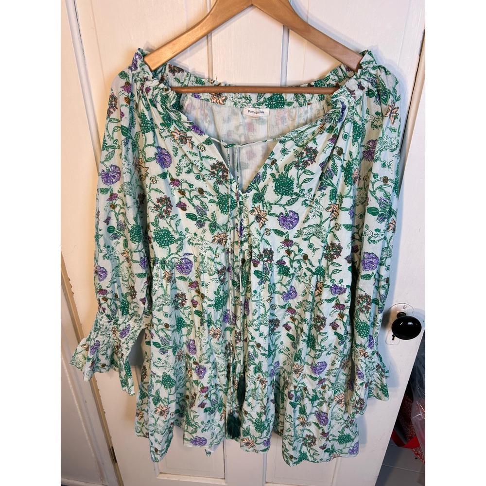 Pomegranate Mila Floral Green Purple Cotton Flounce Mini Dress Womens Small